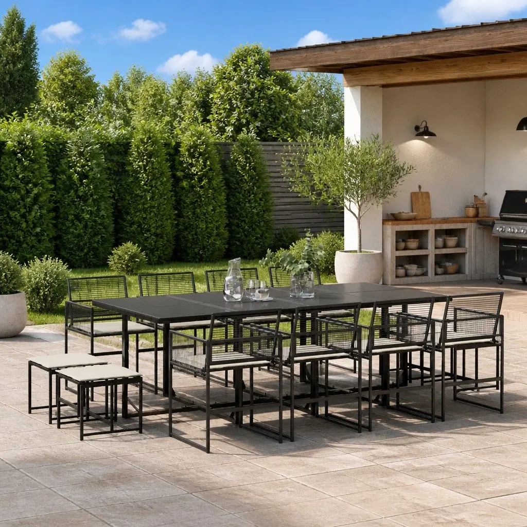 Outdoor Dining Set 13 Piece Black PE Rattan Table Chairs Cushions