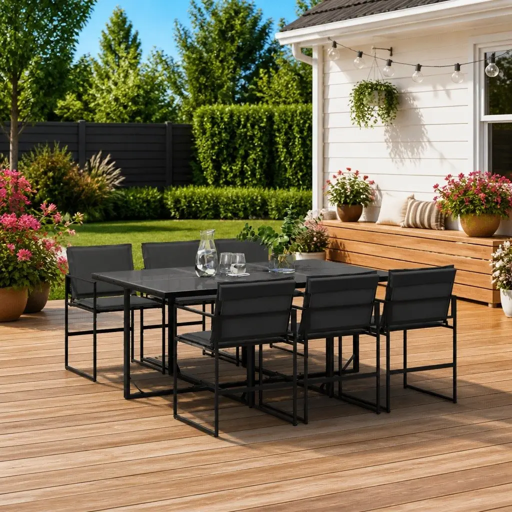 Outdoor Dining Set Black Chairs Tempered Glass Table 7 Piece Textilene Fabric
