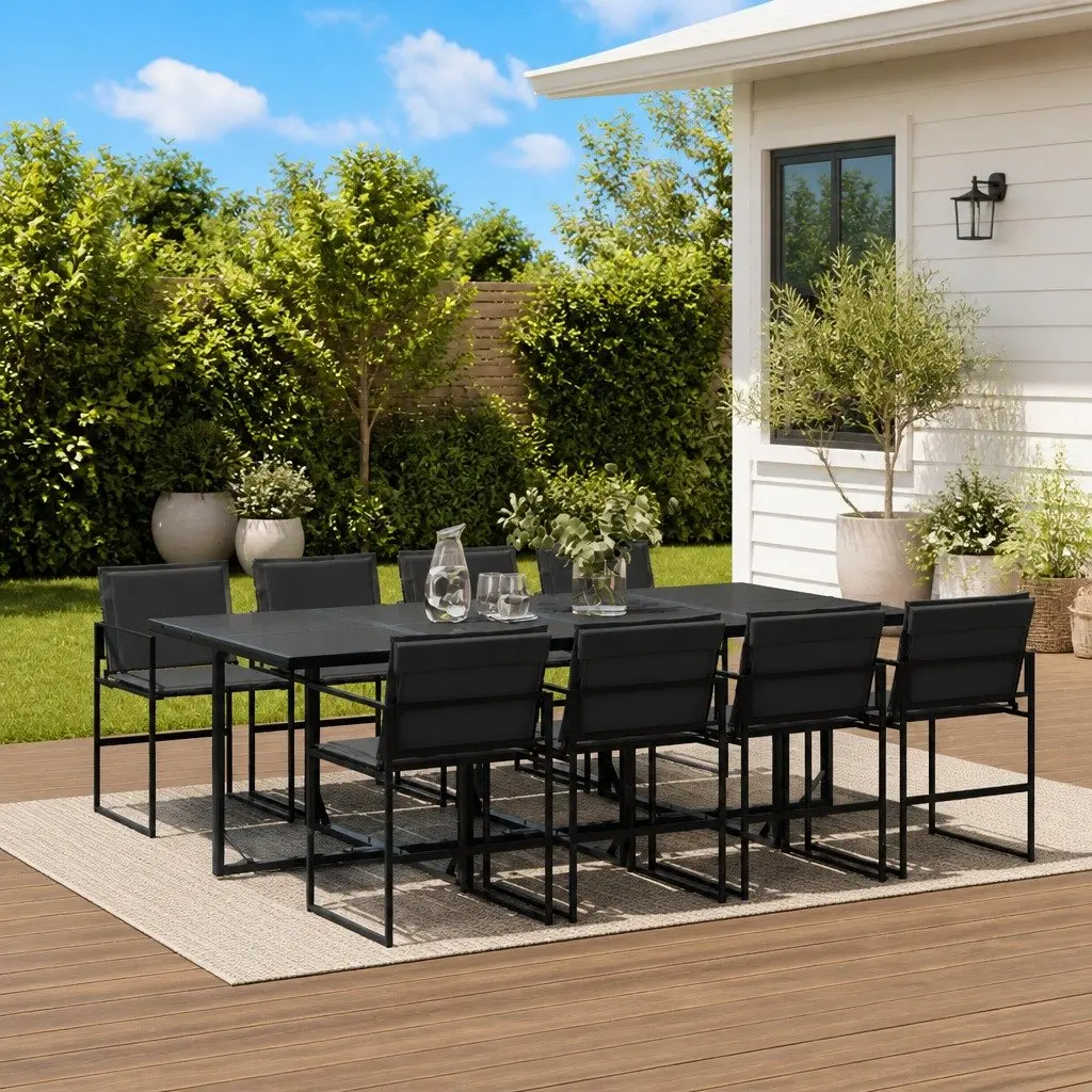 9 Piece Outdoor Dining Set Black Textilene Folding Chairs Glass Table