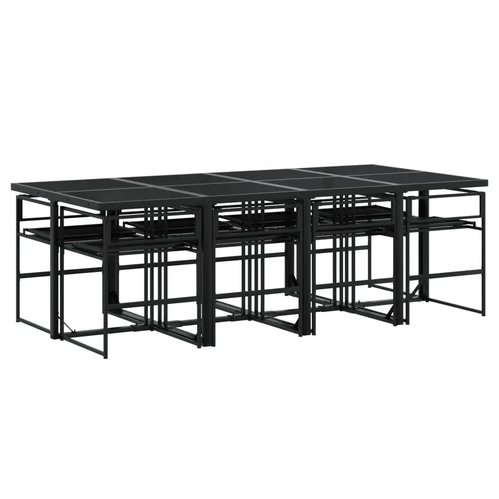 9 Piece Outdoor Dining Set Black Textilene Folding Chairs Glass Table