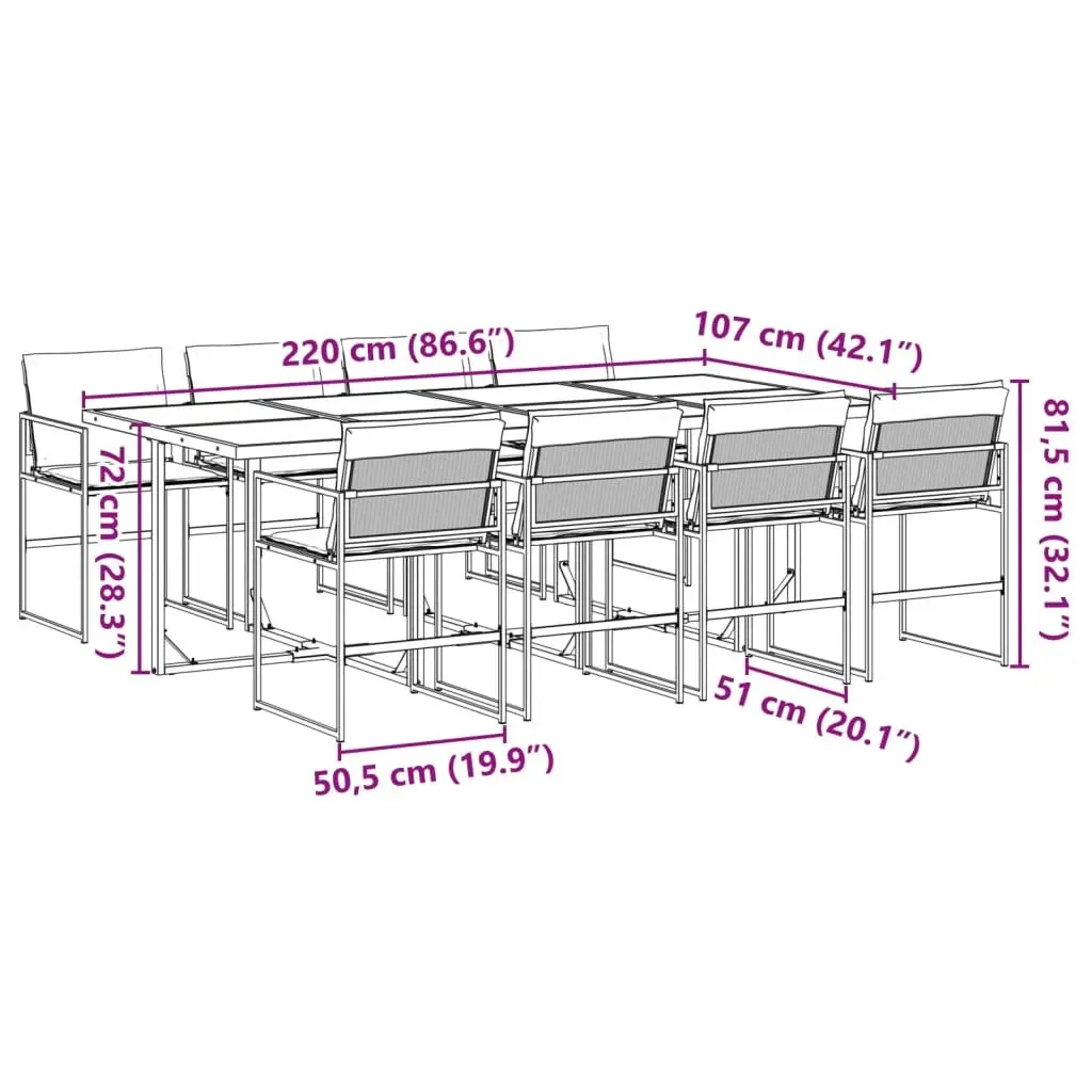 9 Piece Outdoor Dining Set Black Textilene Folding Chairs Glass Table