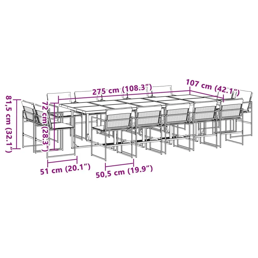 15 Piece Outdoor Furniture Set Garden Dining Chairs with Cushions Black Textilene and Tempered Glass Table