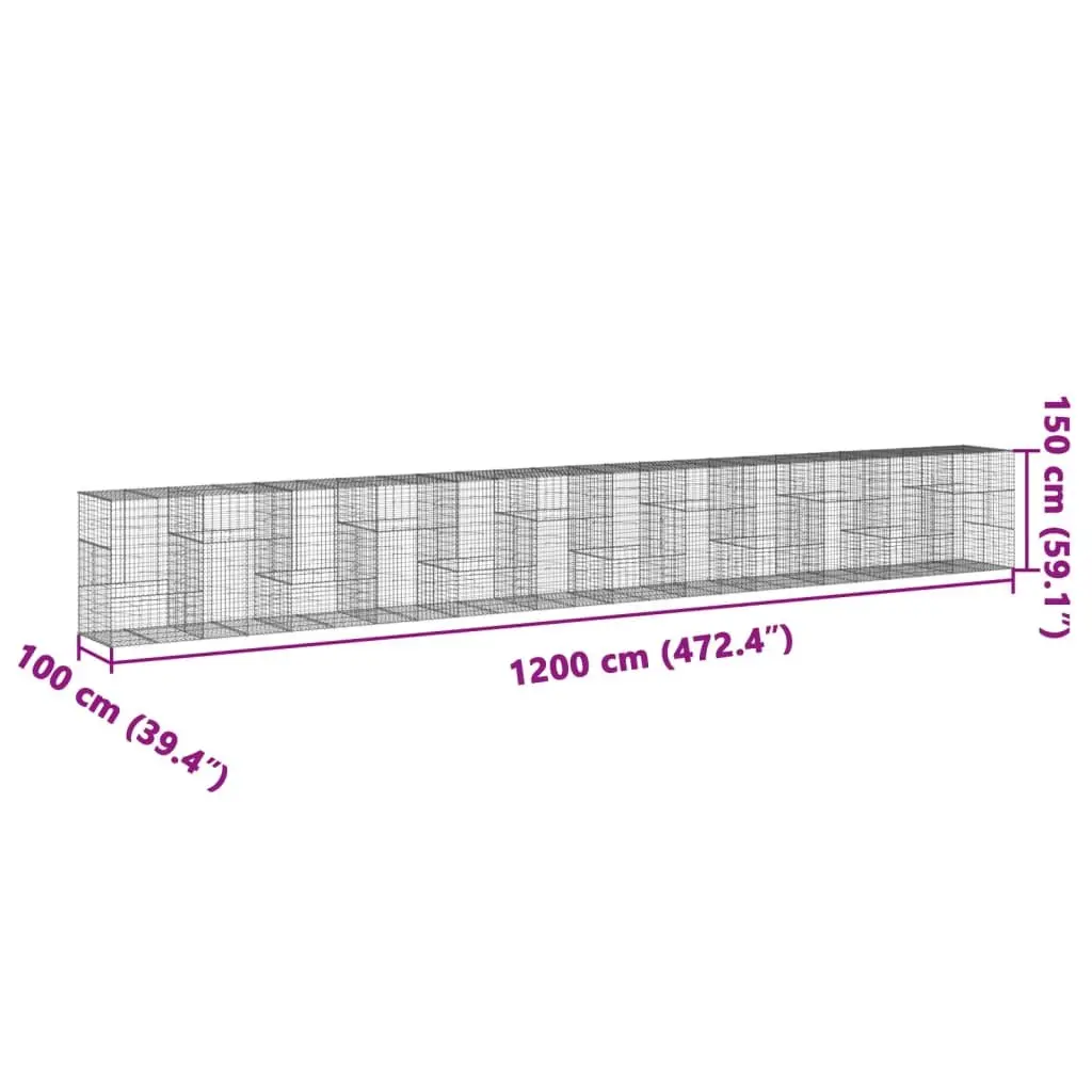 Gabion Basket 1200x100x150 cm Galvanised Iron with Cover for Landscaping Retaining Wall and Outdoor Decor