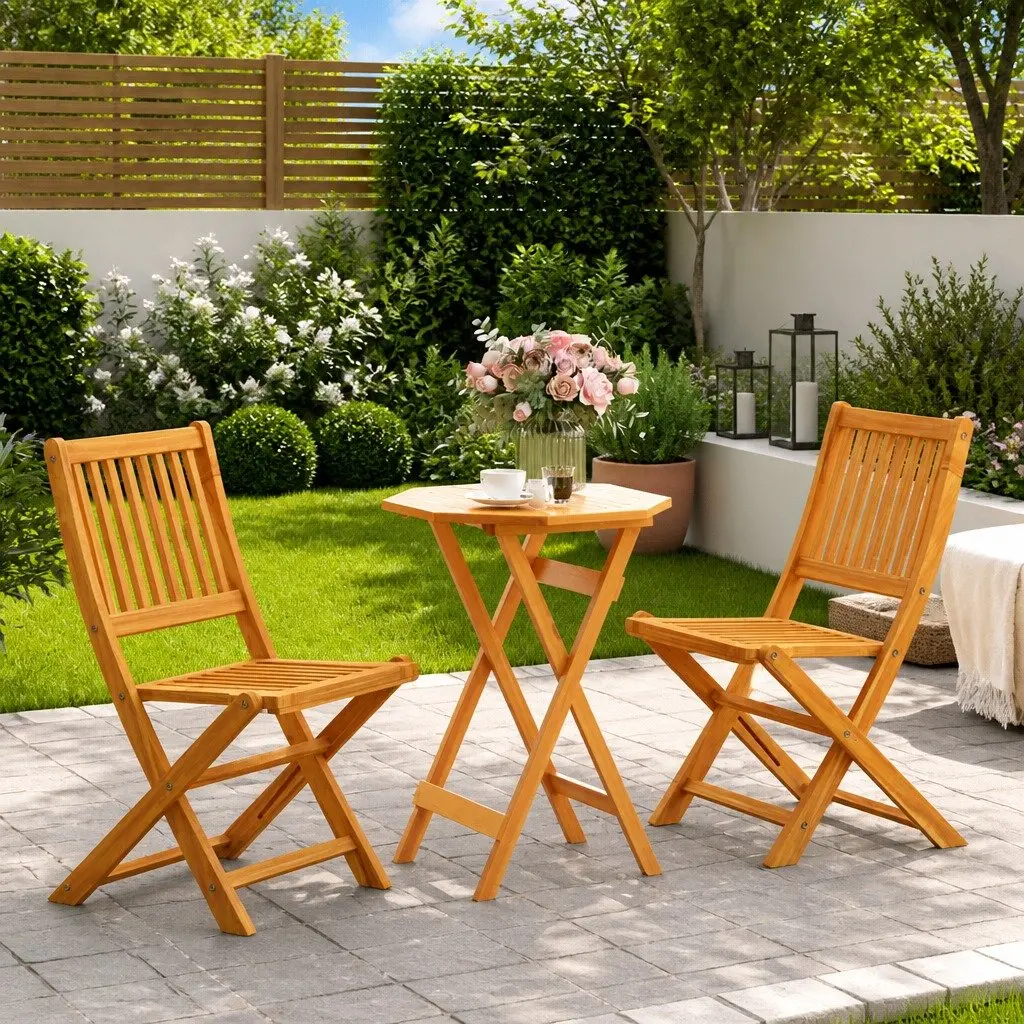 3 Piece Folding Bistro Set Outdoor Dining Solid Wood Acacia Brown