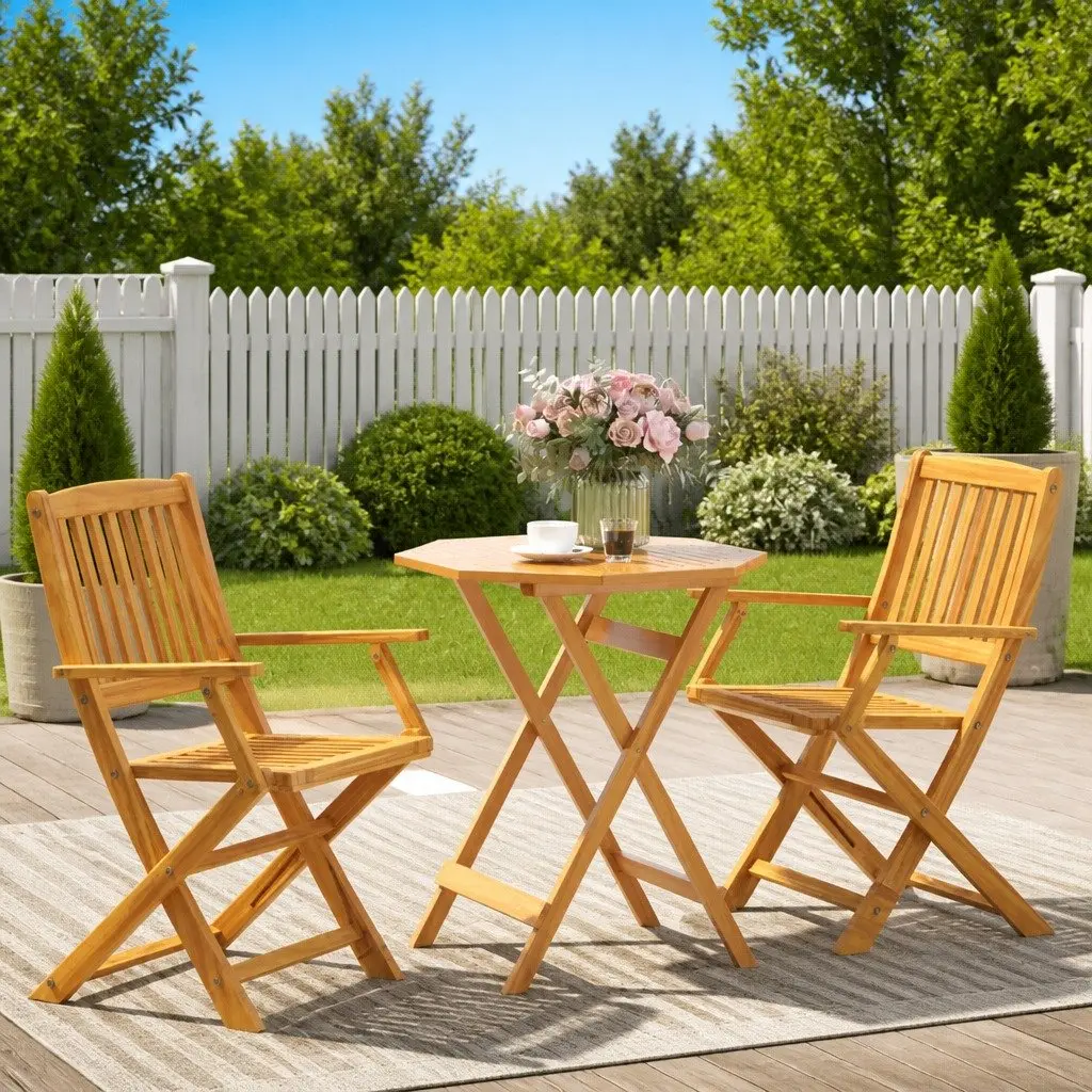 3 Piece Folding Bistro Set Outdoor Dining Acacia Wood Brown