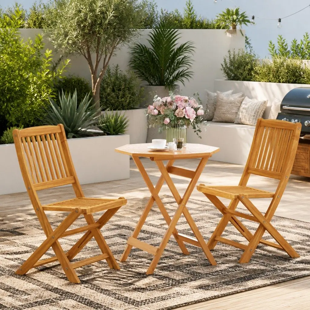 3 Piece Folding Bistro Set Outdoor Dining Solid Acacia Wood Brown
