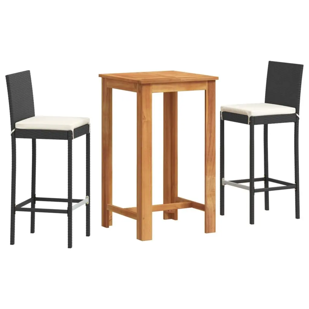 3 Piece Garden Bar Set Outdoor Dining Poly Rattan Acacia Wood Table Stools Black
