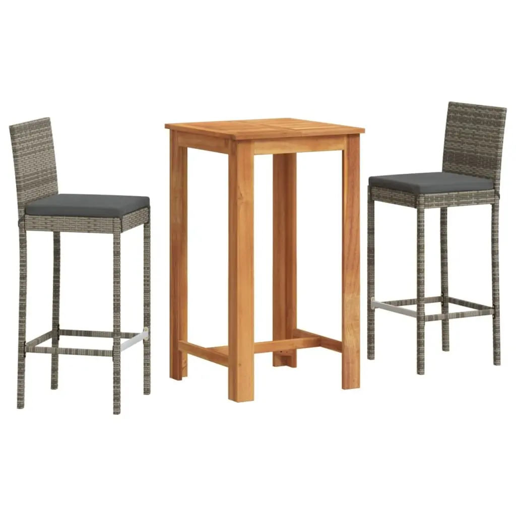 3 Piece Garden Bar Set Outdoor Bar Table and Stools Acacia Wood Poly Rattan Grey