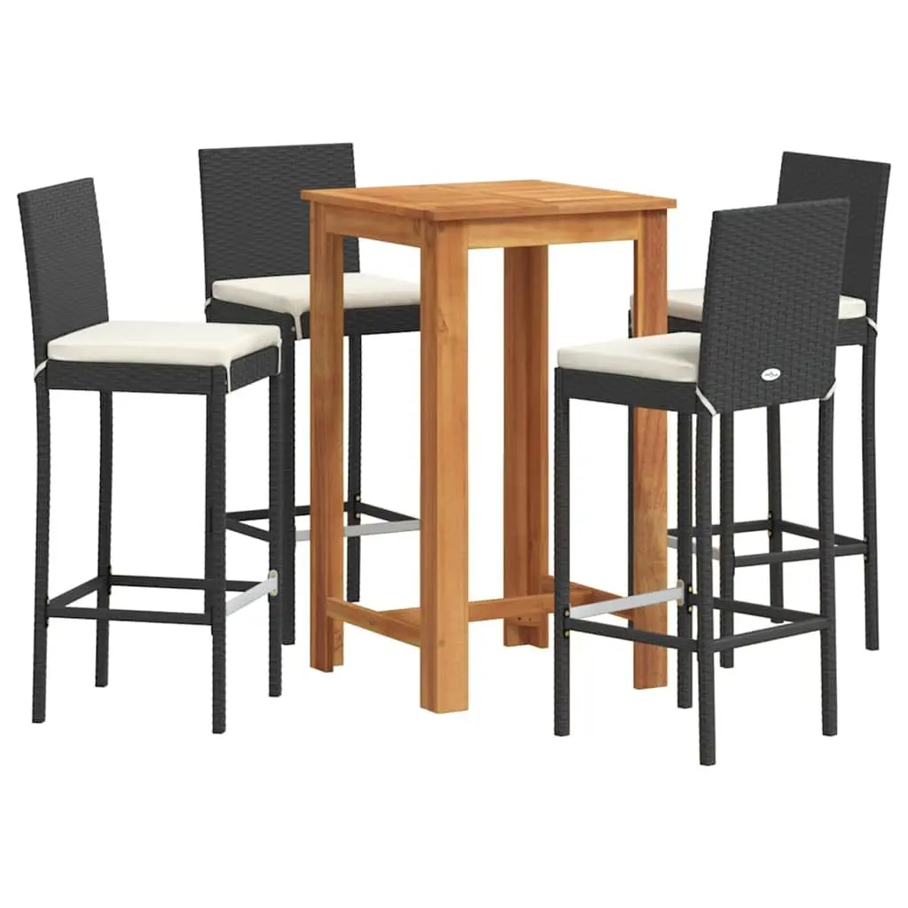 5 Piece Garden Bar Set Outdoor Dining Table Black Acacia Wood Poly Rattan Stools
