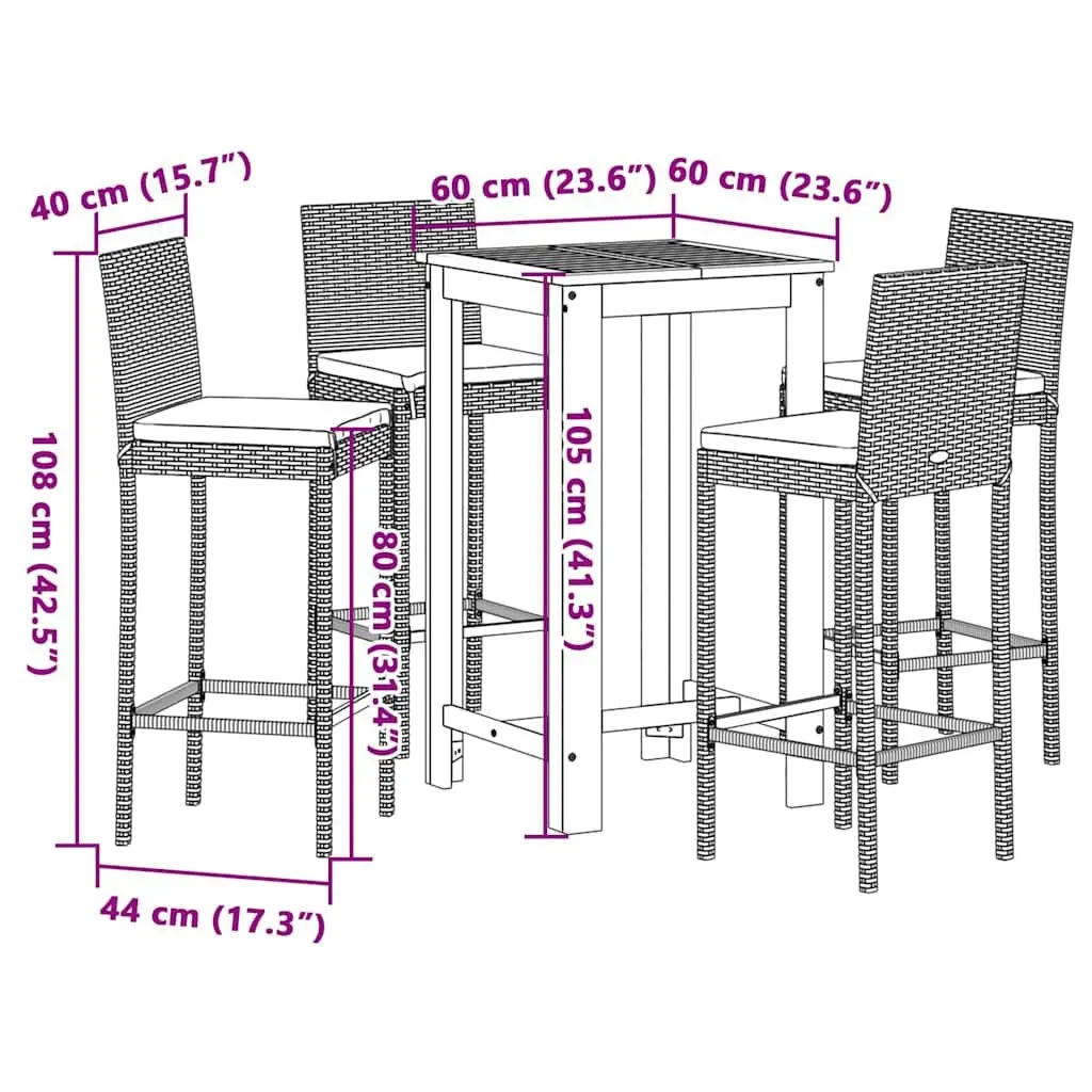 5 Piece Garden Bar Set Outdoor Dining Table Black Acacia Wood Poly Rattan Stools