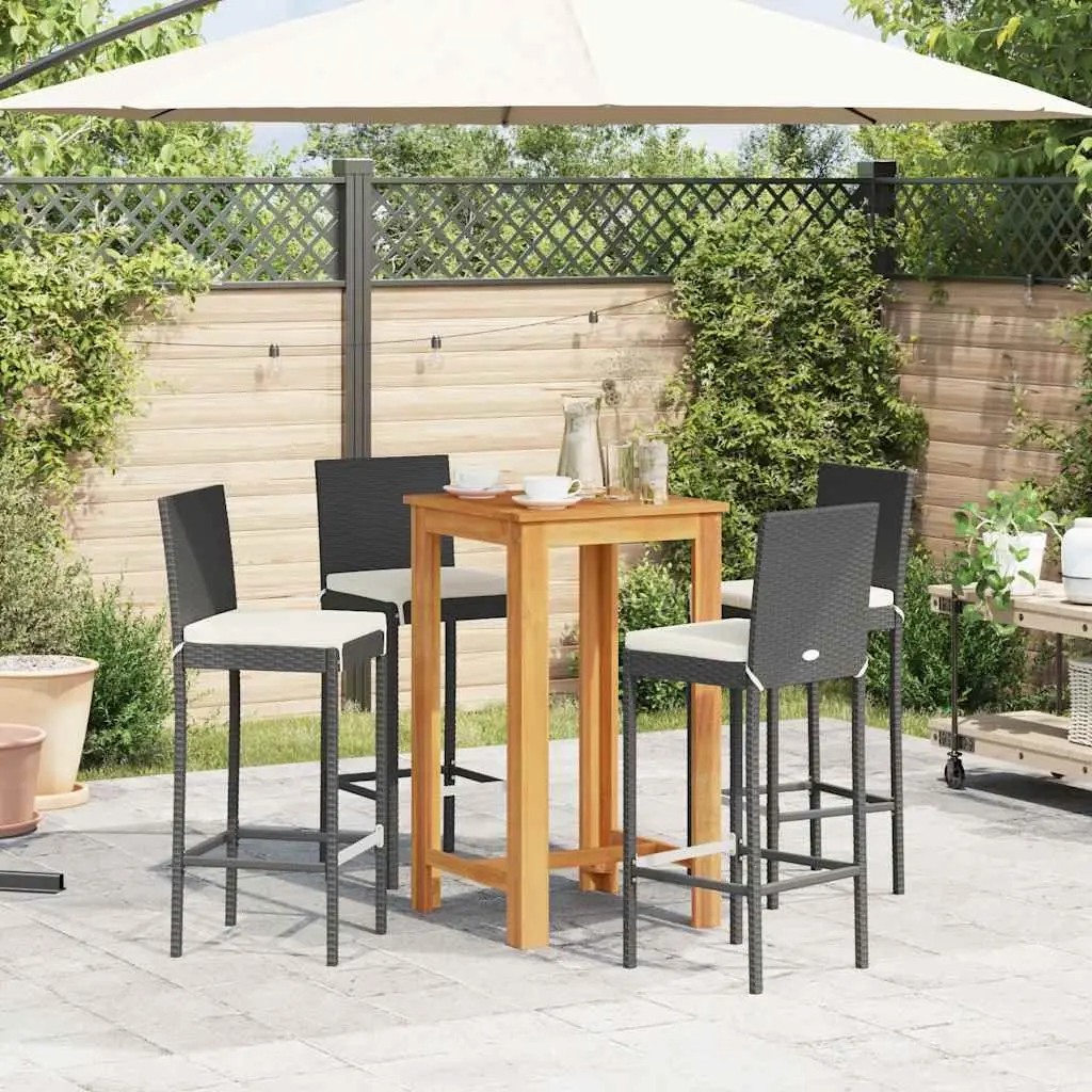 5 Piece Garden Bar Set Outdoor Dining Table Black Acacia Wood Poly Rattan Stools