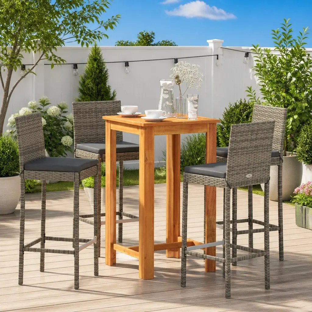 Garden Bar Set 5 Piece Outdoor Dining Grey Acacia Wood Rattan Stools Table
