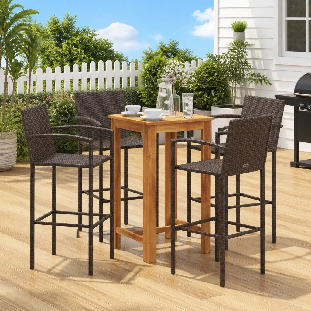 Garden Bar Set 5 Piece Outdoor Bar Table Stools Acacia Wood Poly Rattan Brown