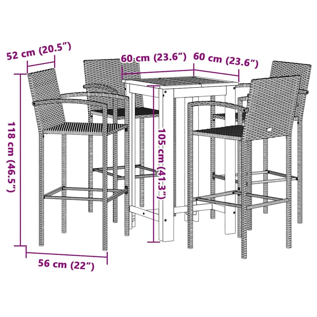 Garden Bar Set 5 Piece Outdoor Bar Table Stools Acacia Wood Poly Rattan Brown