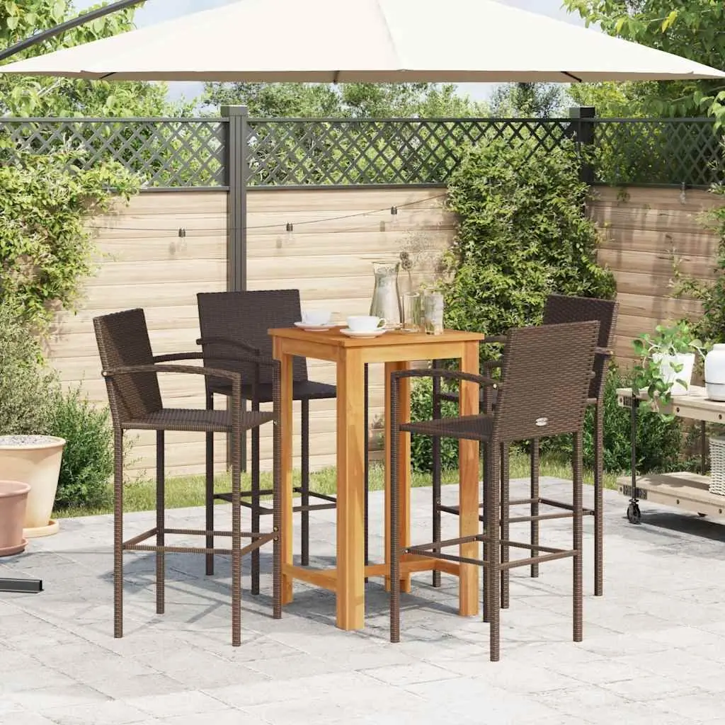 Garden Bar Set 5 Piece Outdoor Bar Table Stools Acacia Wood Poly Rattan Brown