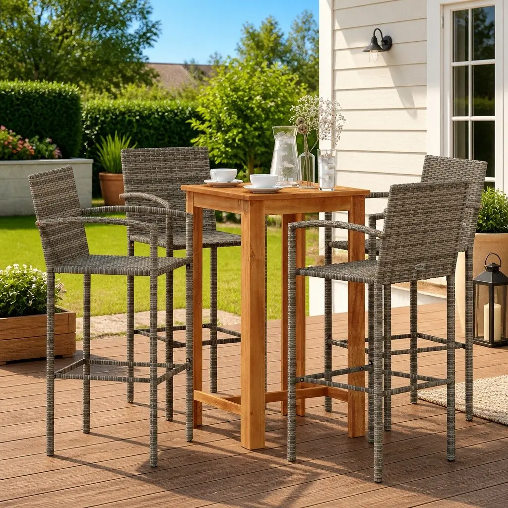 Garden Bar Set 5 Piece Outdoor Bar Table and Stools Grey Acacia Rattan