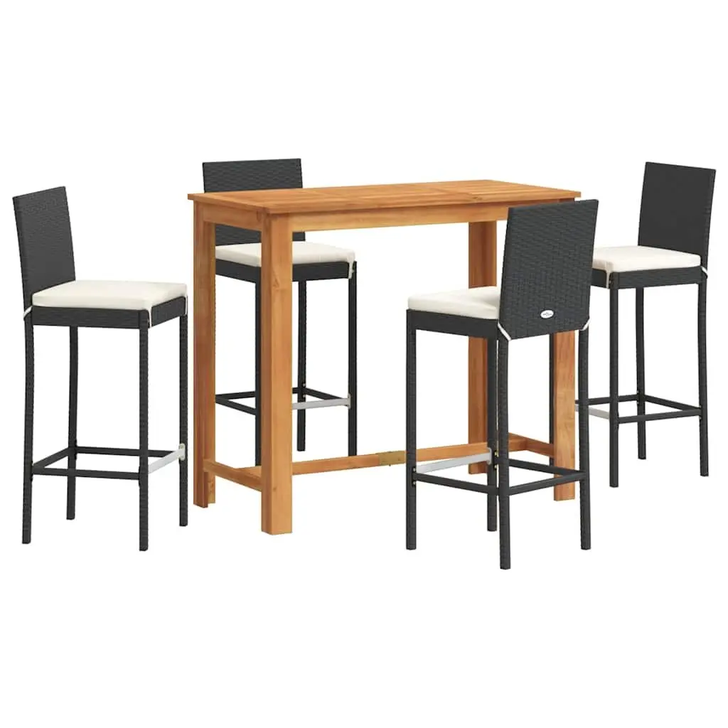 Garden Bar Set Outdoor Dining Table and Stools 5 Piece Acacia Wood Poly Rattan Black