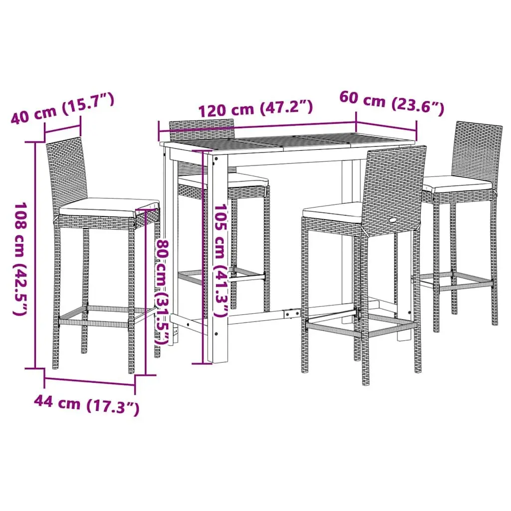 Garden Bar Set Outdoor Dining Table and Stools 5 Piece Acacia Wood Poly Rattan Black