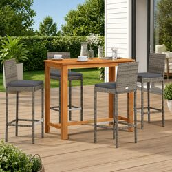 Comfortable 5-Piece Grey Rattan Bar Set with Acacia Wood