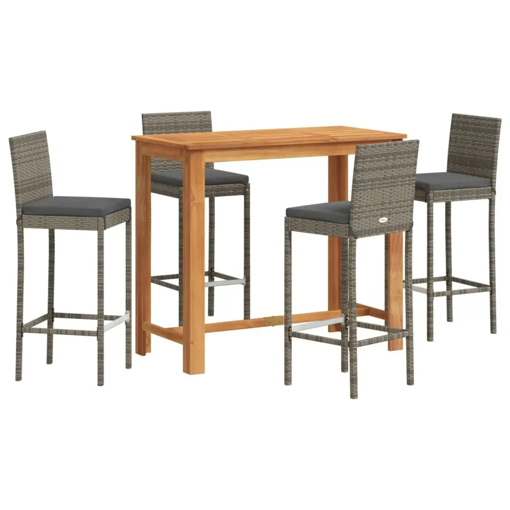 Outdoor Bar Set 5 Piece Grey Poly Rattan and Acacia Wood Table with Stools for Garden Patio and Pool