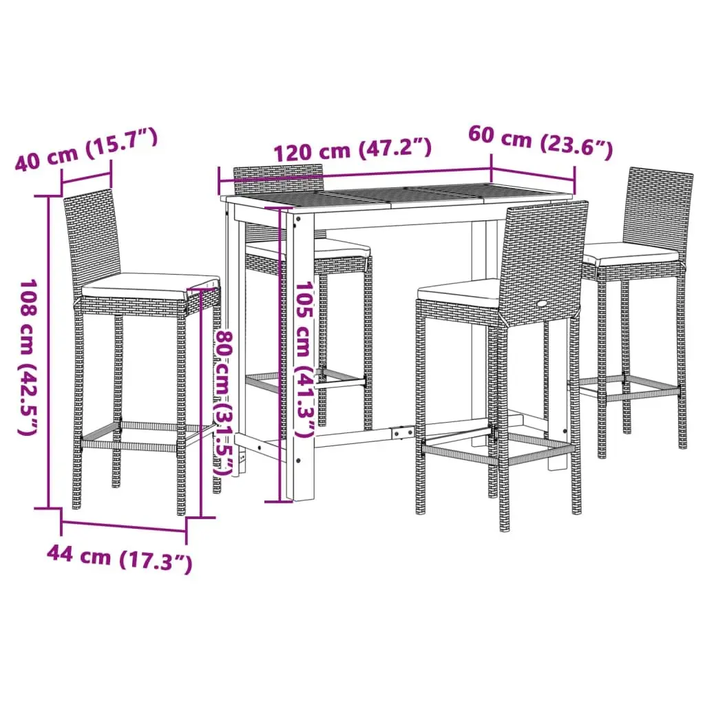 Outdoor Bar Set 5 Piece Grey Poly Rattan and Acacia Wood Table with Stools for Garden Patio and Pool