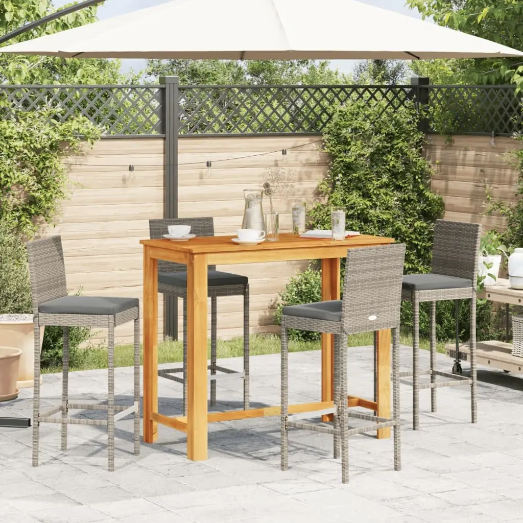 Outdoor Bar Set 5 Piece Grey Poly Rattan and Acacia Wood Table with Stools for Garden Patio and Pool