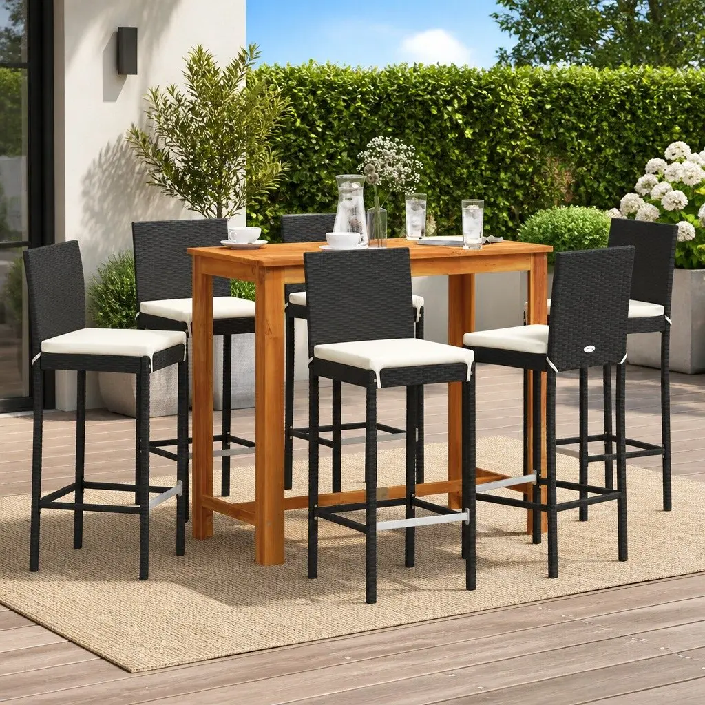 Outdoor Bar Table and Stool Set 7 Piece Black Acacia Wood and Poly Rattan