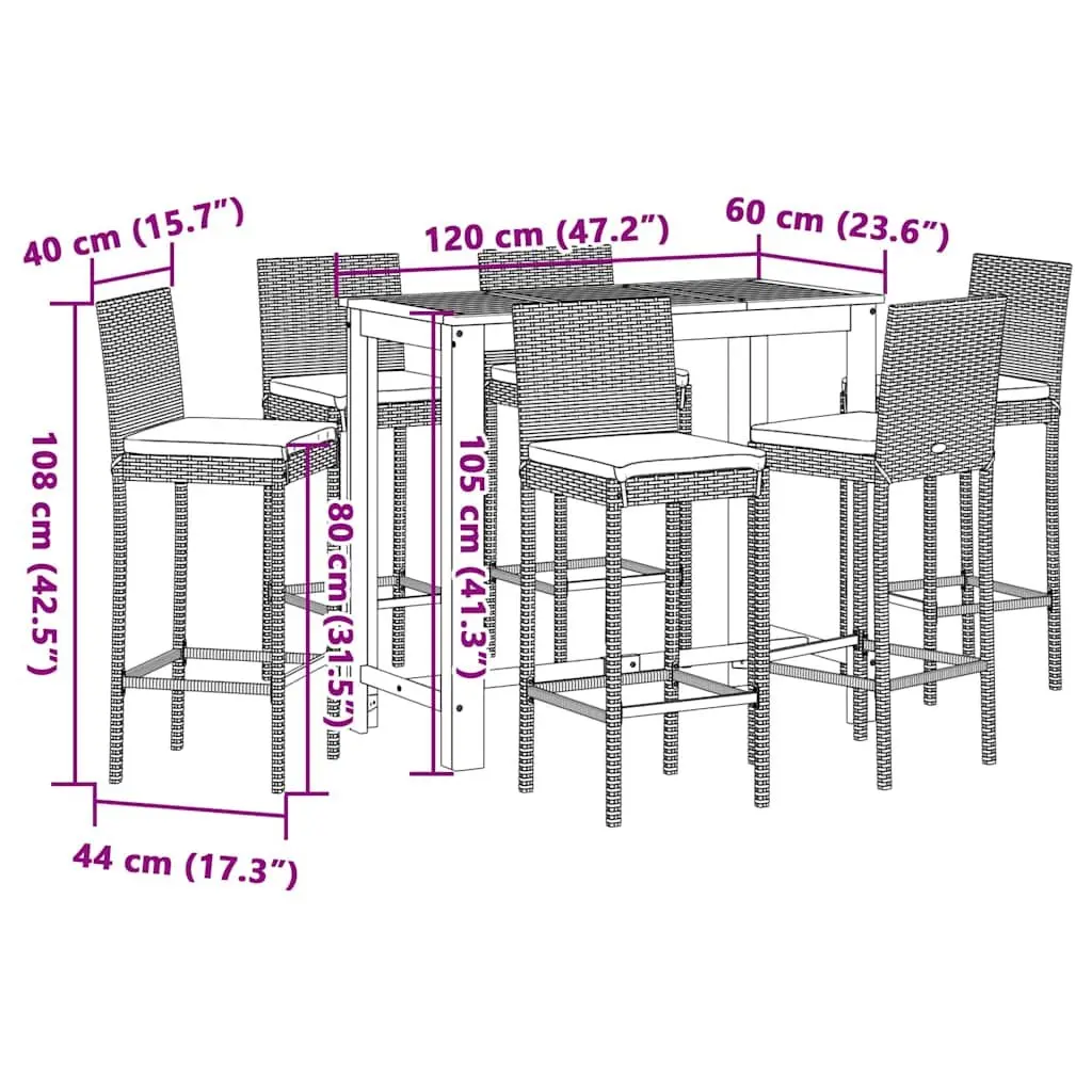 Outdoor Bar Table and Stool Set 7 Piece Black Acacia Wood and Poly Rattan
