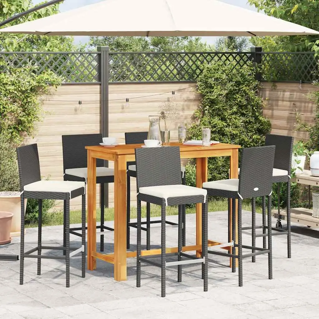 Outdoor Bar Table and Stool Set 7 Piece Black Acacia Wood and Poly Rattan