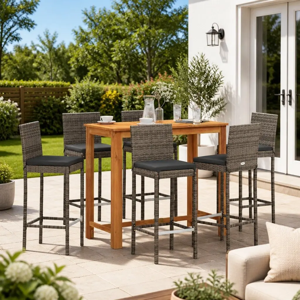 Garden Bar Set 7 Piece Outdoor Dining Furniture Grey Acacia Wood Poly Rattan Stools and Table