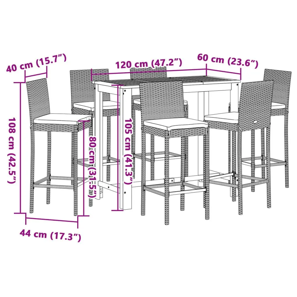 Garden Bar Set 7 Piece Outdoor Dining Furniture Grey Acacia Wood Poly Rattan Stools and Table