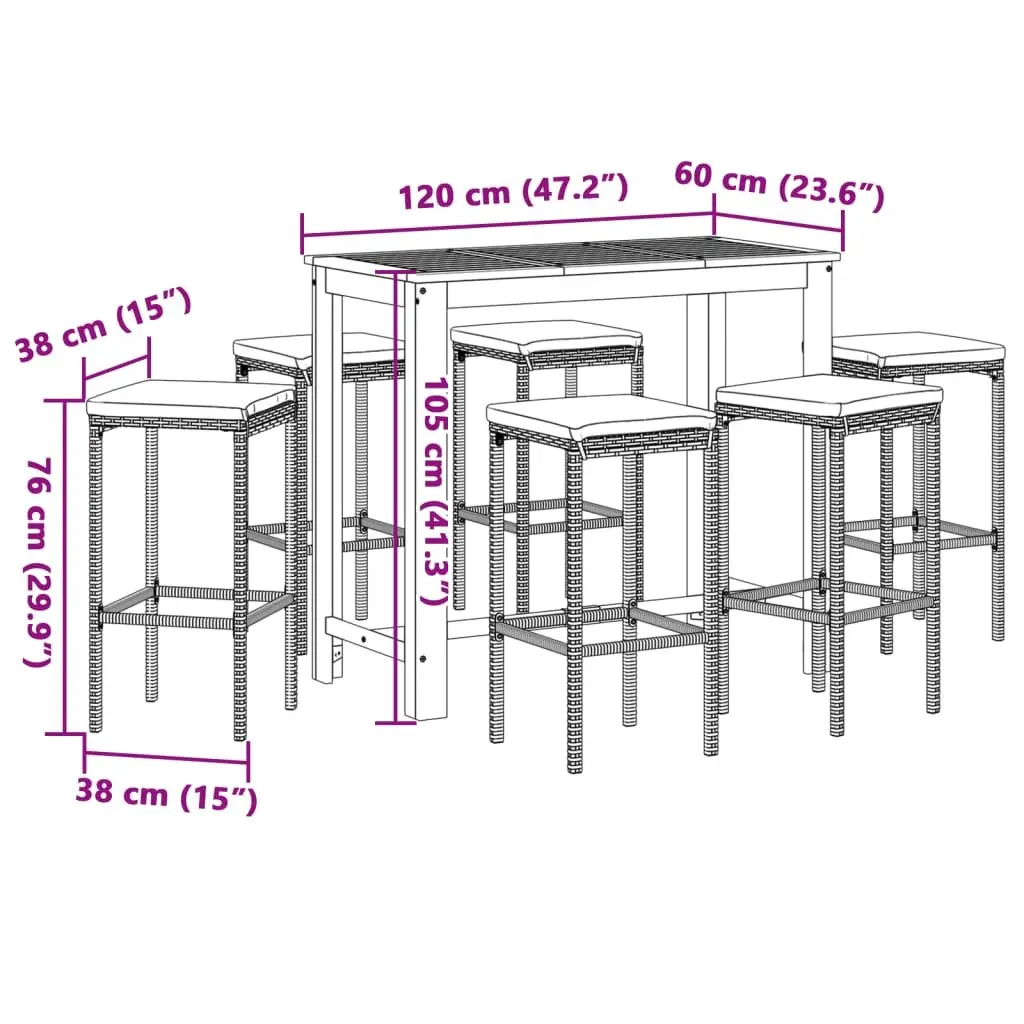 Garden Bar Set 7 Piece Outdoor Poly Rattan Bar Table Stools Acacia Wood Top