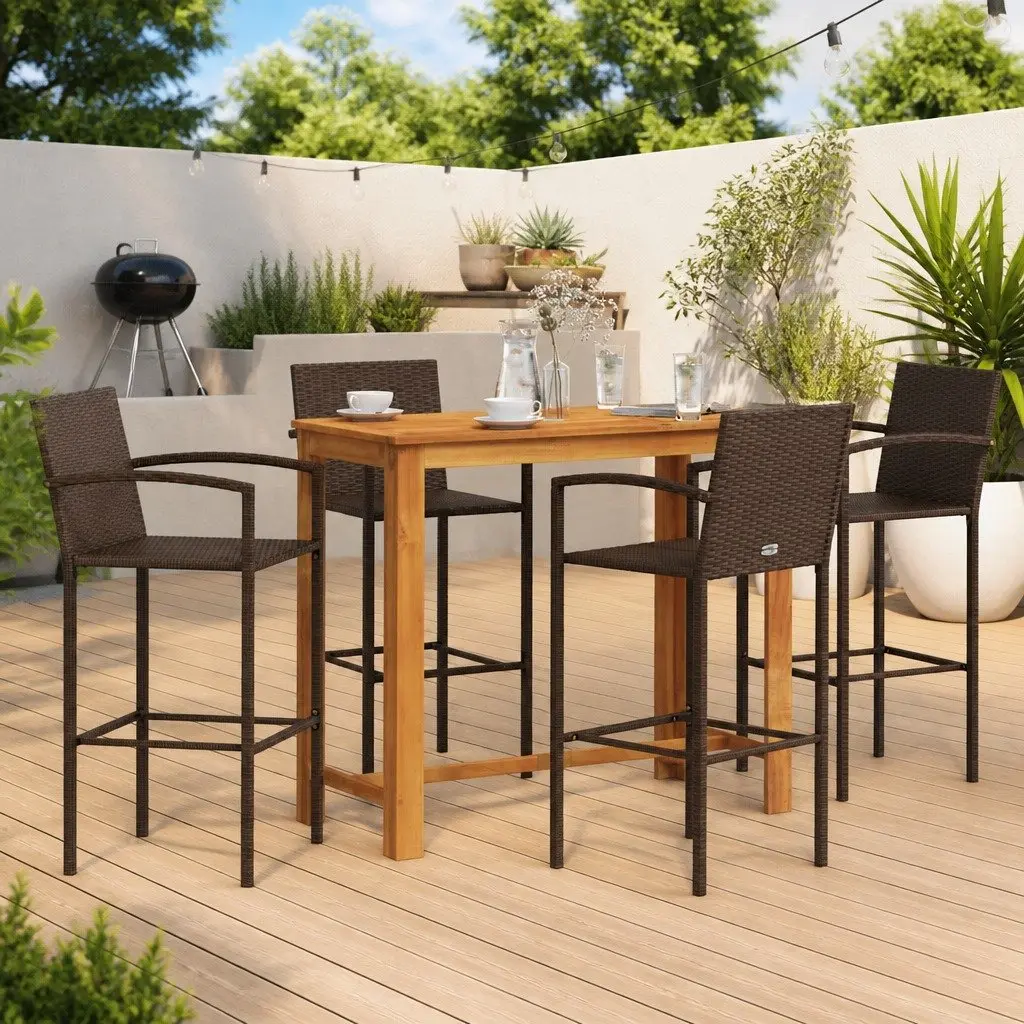 Garden Bar Set Outdoor Dining Table and Stools 5 Piece Acacia Wood Poly Rattan Brown