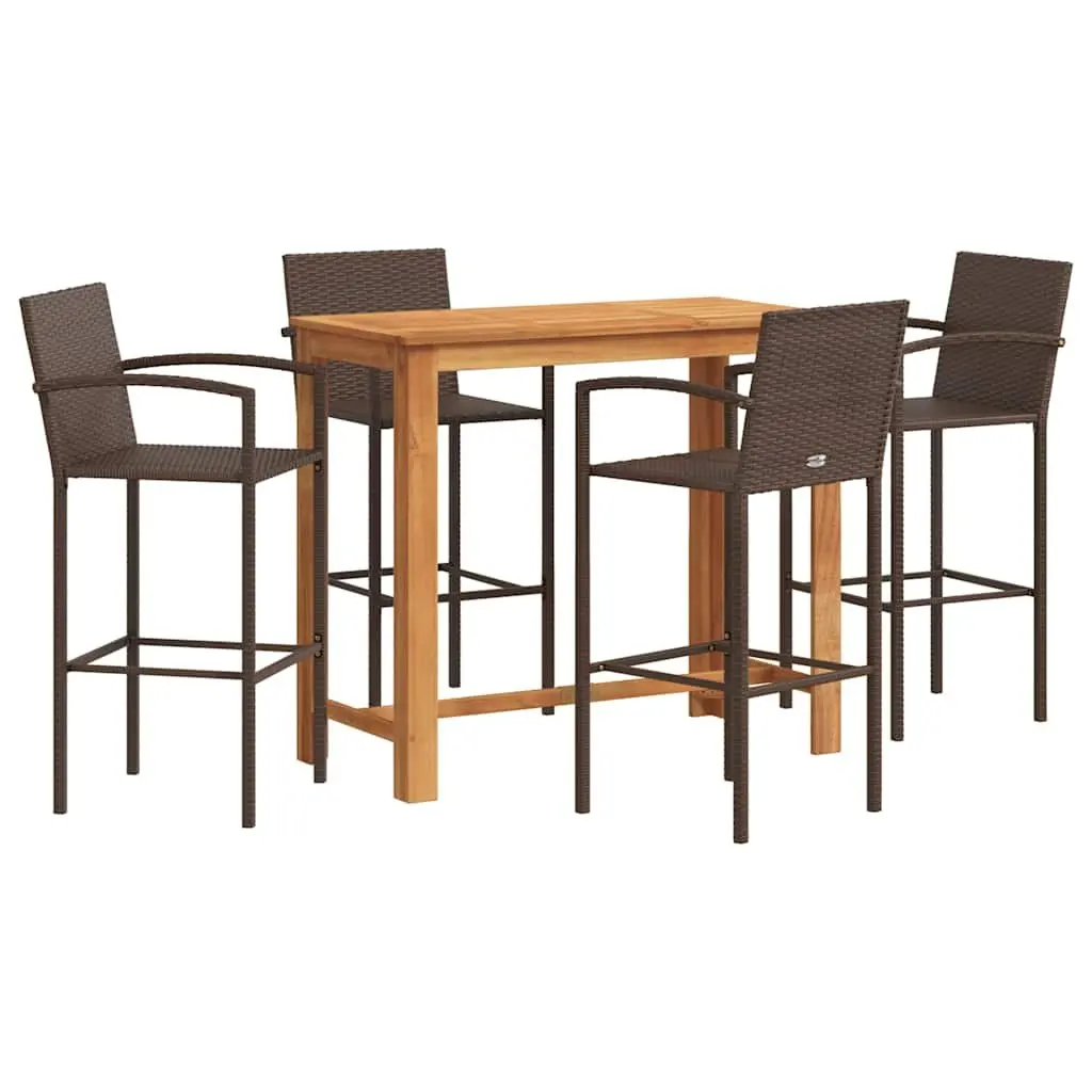 Garden Bar Set Outdoor Dining Table and Stools 5 Piece Acacia Wood Poly Rattan Brown