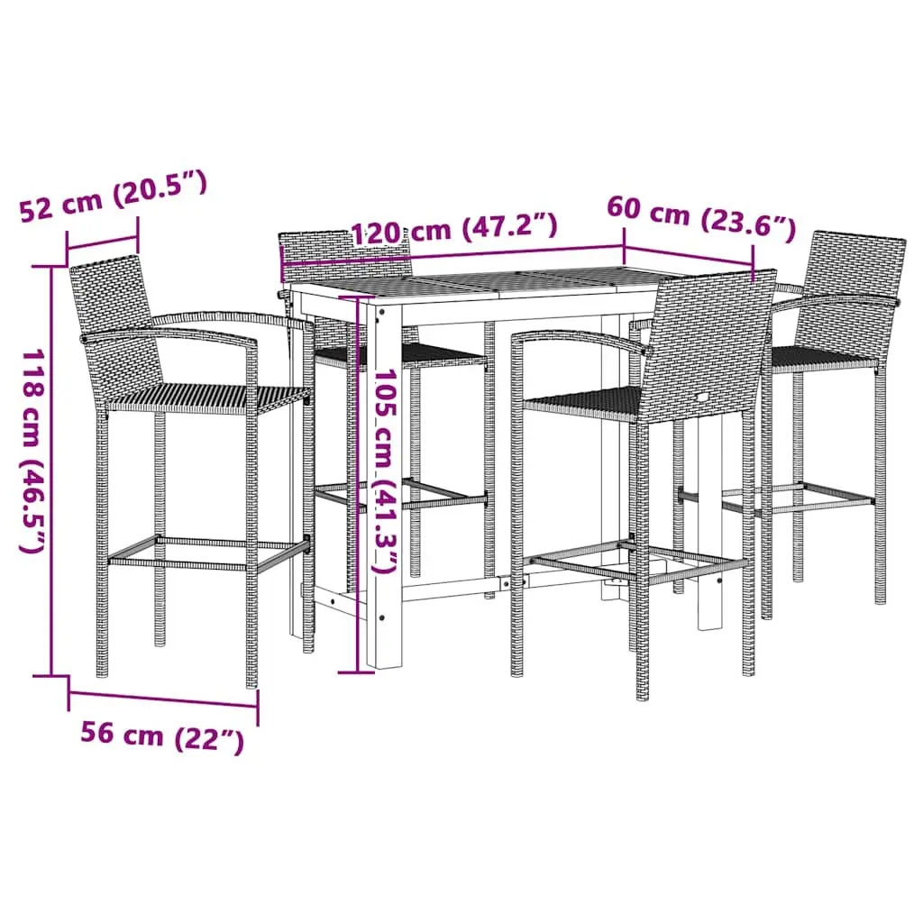 Garden Bar Set Outdoor Dining Table and Stools 5 Piece Acacia Wood Poly Rattan Brown