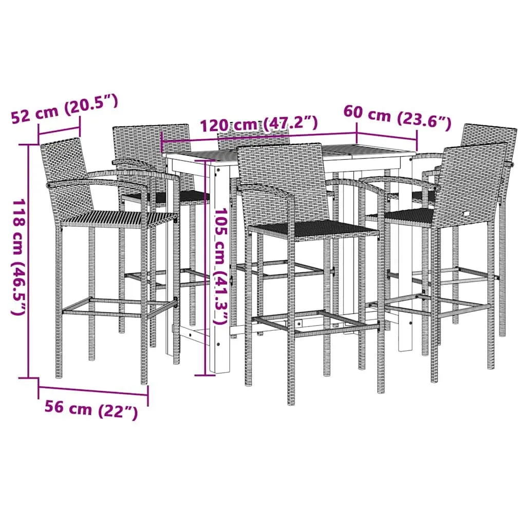 Garden Bar Set 7 Piece Outdoor Bar Table and Stools Grey Acacia Wood Poly Rattan