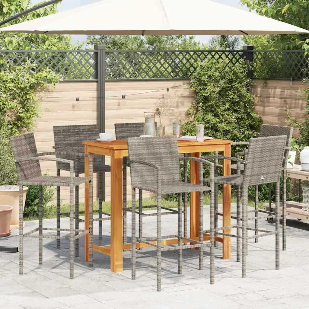 Garden Bar Set 7 Piece Outdoor Bar Table and Stools Grey Acacia Wood Poly Rattan