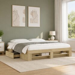 King Bed Frame Storage Drawers Slatted Base Engineered Wood Brown Bedroom