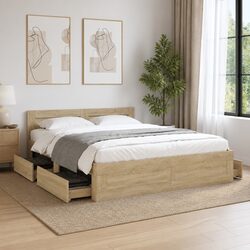 Bed Frame with Headboard Sonoma Oak 150x200 cm Slatted Base Storage Drawers