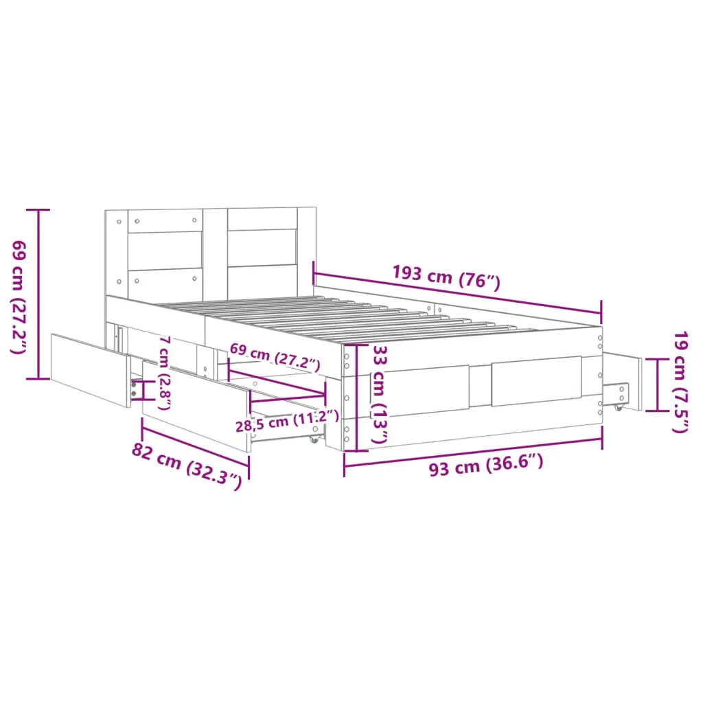 Bed Frame Storage Drawers Slatted Base 90 x 190 cm Brown