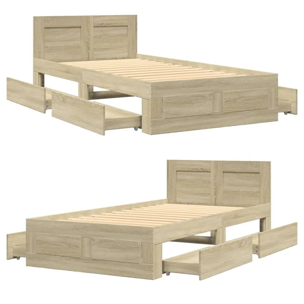 Bed Frame Storage Drawers Slatted Base 90 x 190 cm Brown