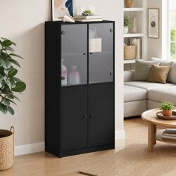 Highboard Storage Cabinet with Doors Black 68x37x142cm Engineered Wood Organiser