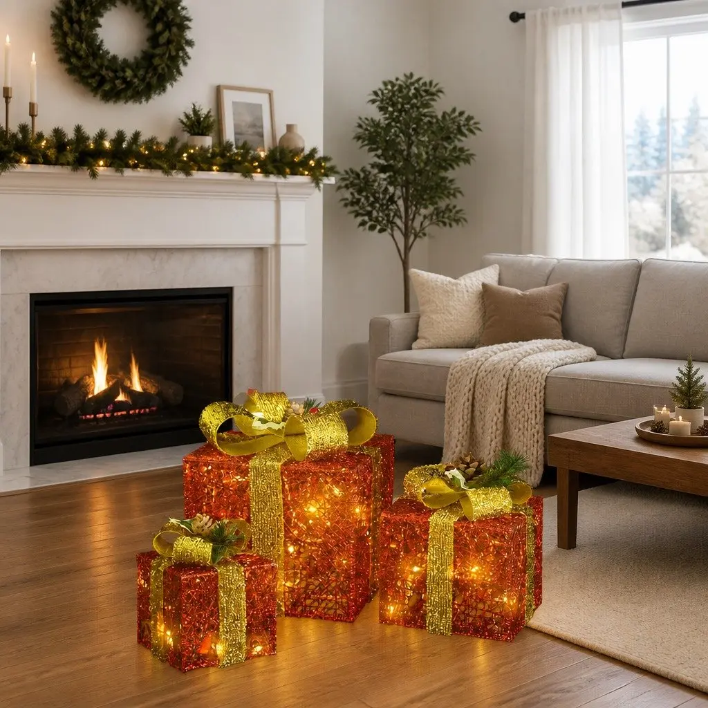 Decorative Gift Boxes Set 3pcs Red LED Lights Holiday Indoor Outdoor