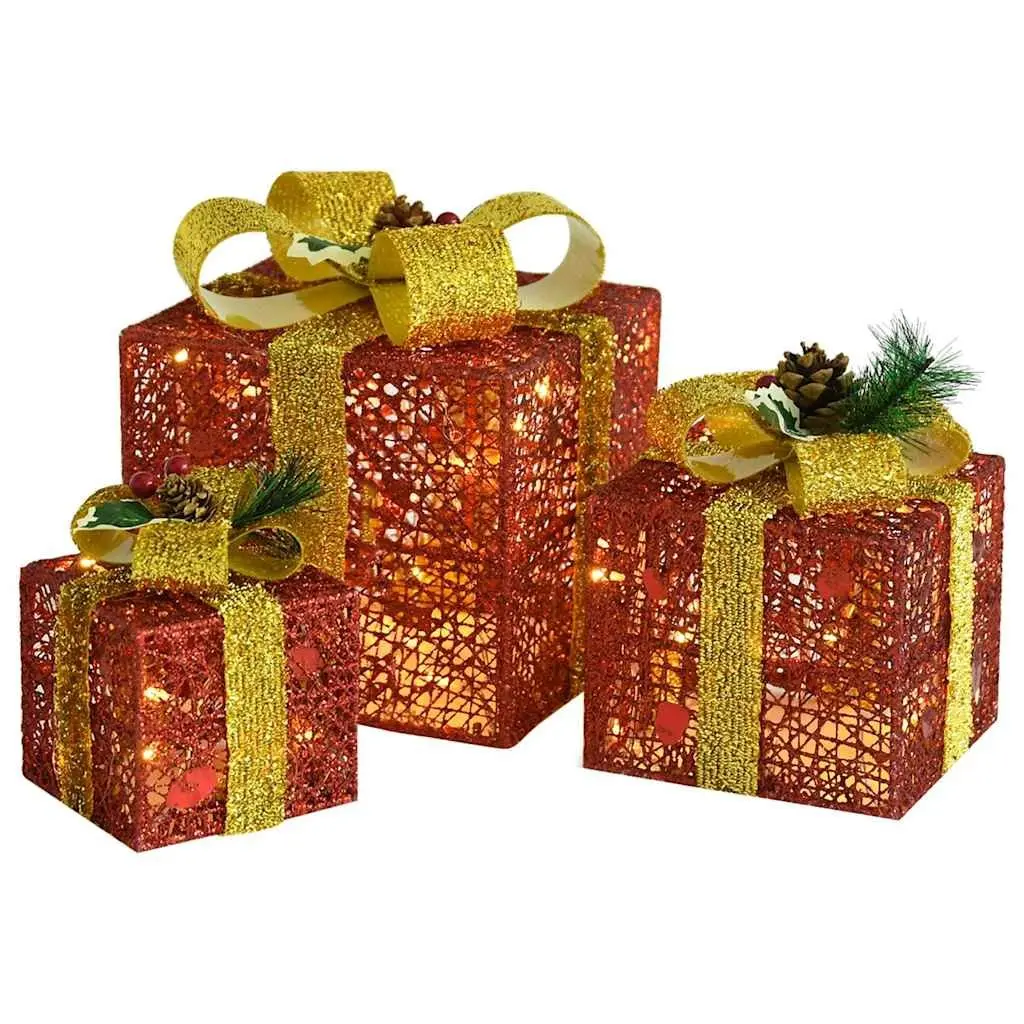 Decorative Gift Boxes Set 3pcs Red LED Lights Holiday Indoor Outdoor