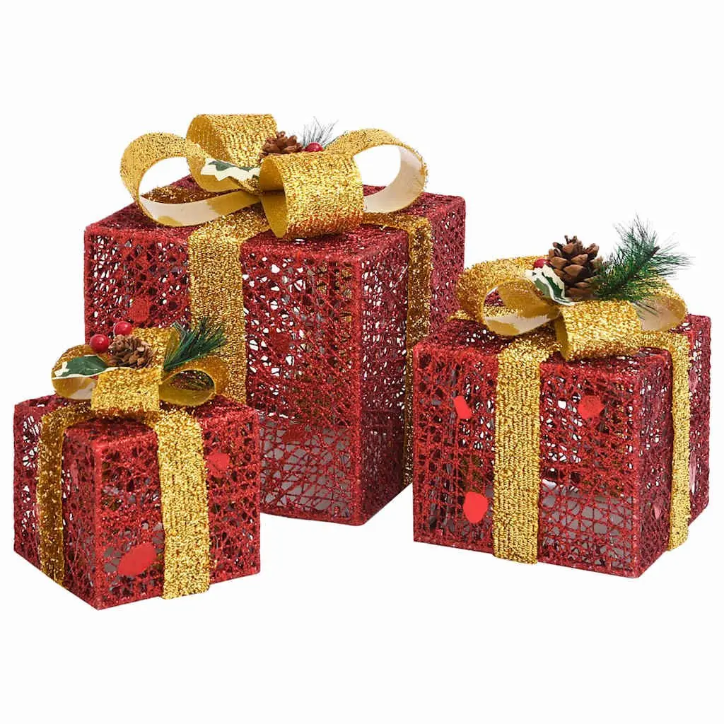 Decorative Gift Boxes Set 3pcs Red LED Lights Holiday Indoor Outdoor