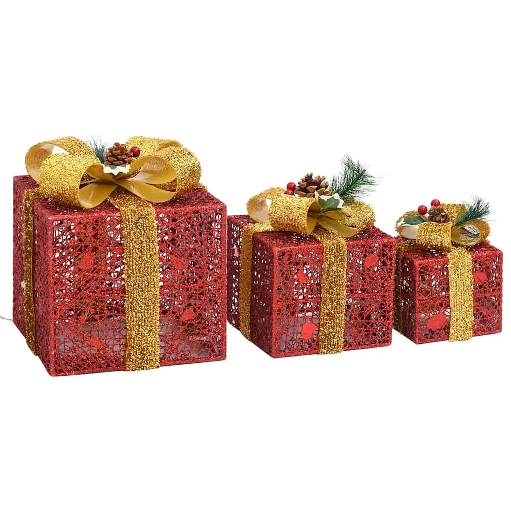 Decorative Gift Boxes Set 3pcs Red LED Lights Holiday Indoor Outdoor