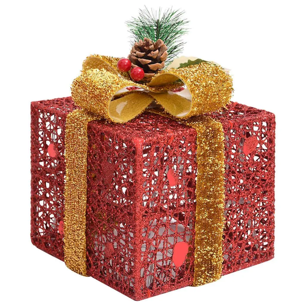 Decorative Gift Boxes Set 3pcs Red LED Lights Holiday Indoor Outdoor