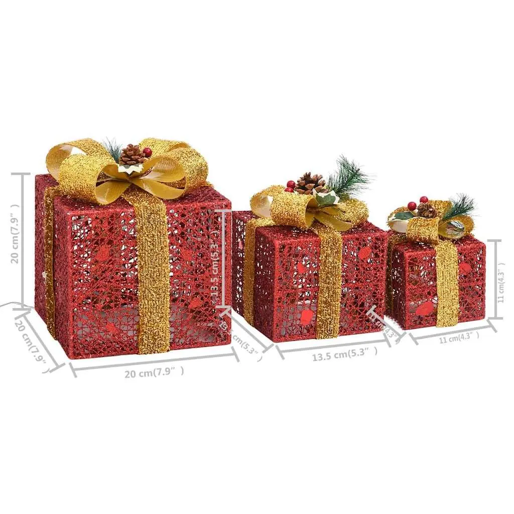 Decorative Gift Boxes Set 3pcs Red LED Lights Holiday Indoor Outdoor
