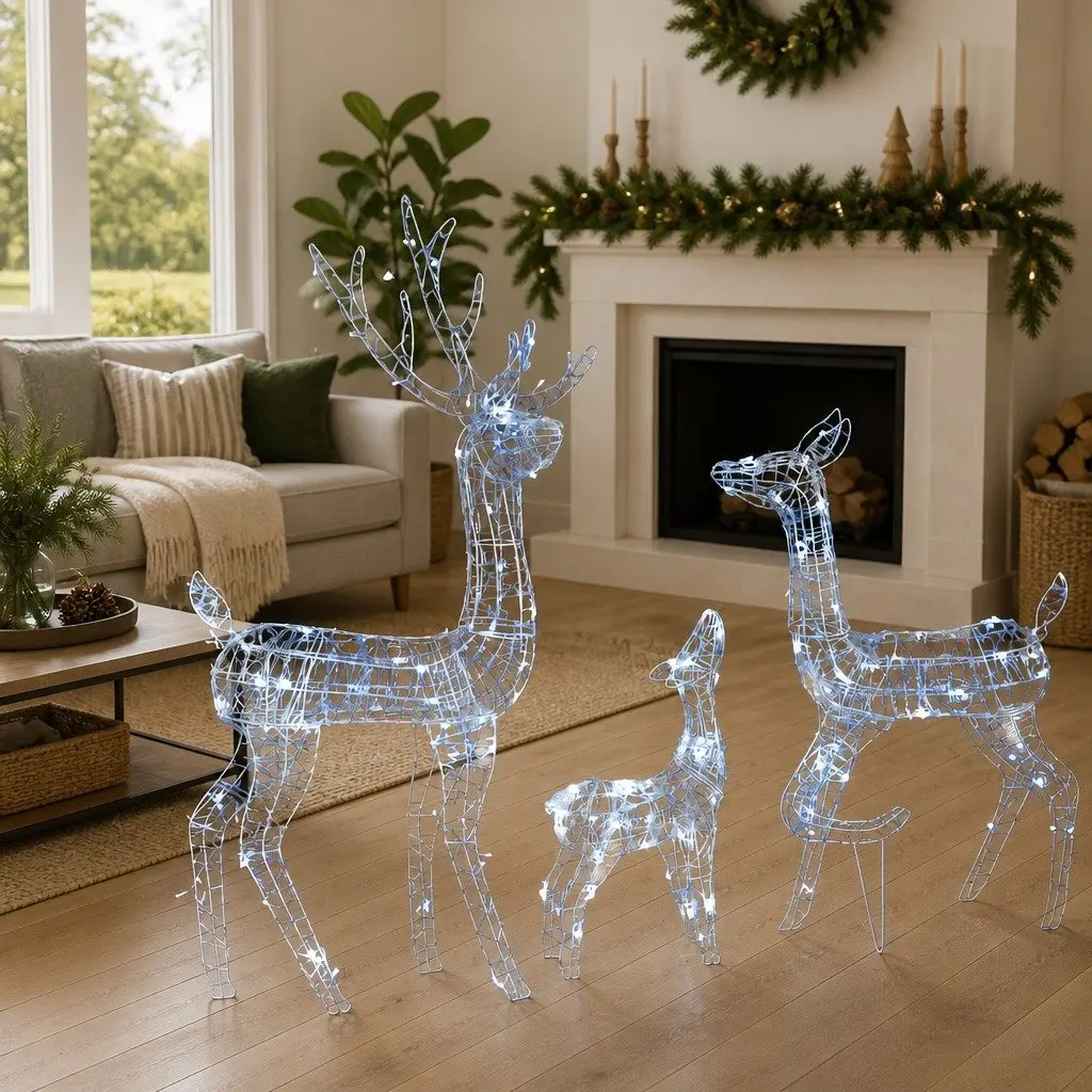 Acrylic Christmas Decoration Reindeer Family Cold White LED Lights Indoor Outdoor 300 Count