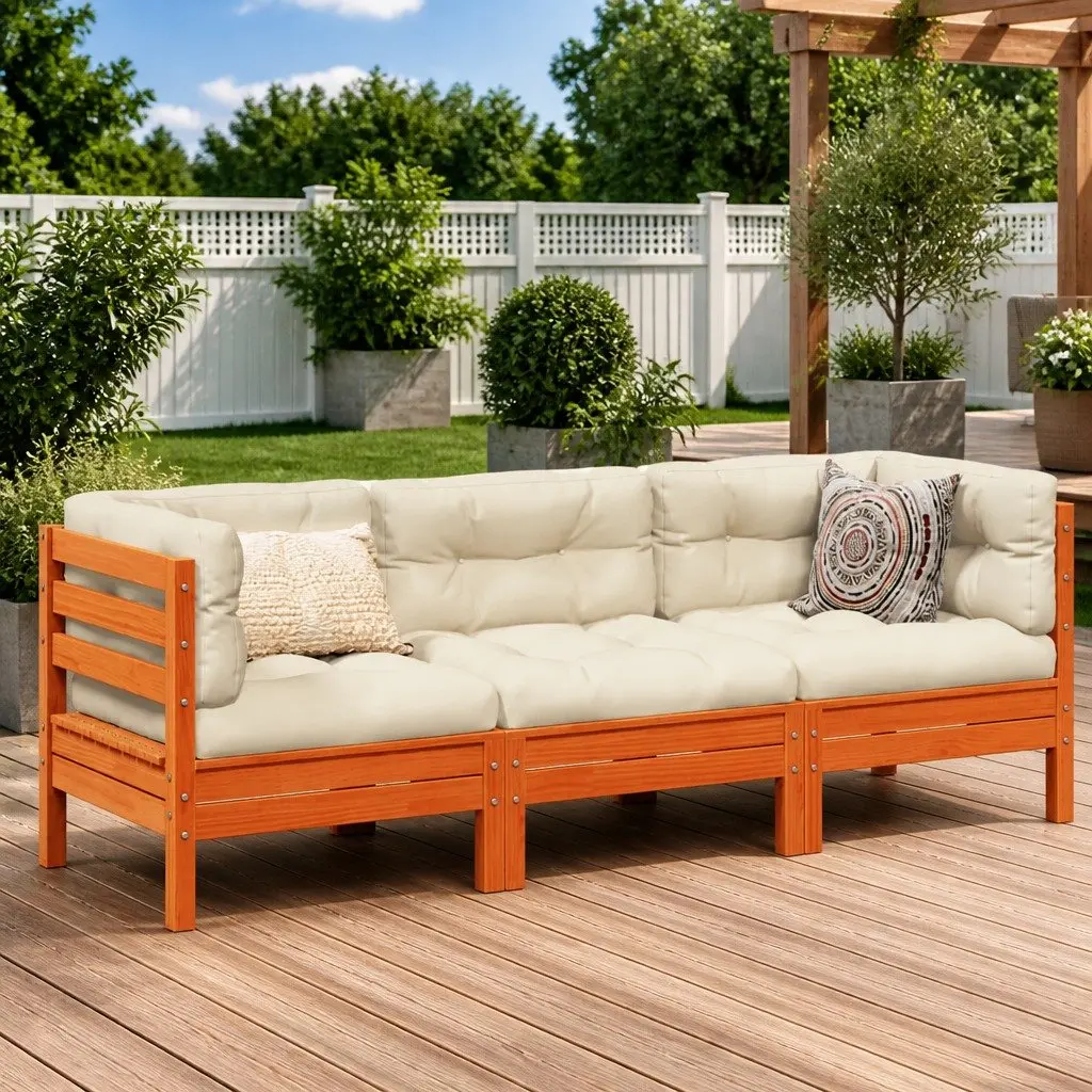 3 Piece Garden Sofa Set Outdoor Patio Furniture Solid Pinewood Brown Cushions